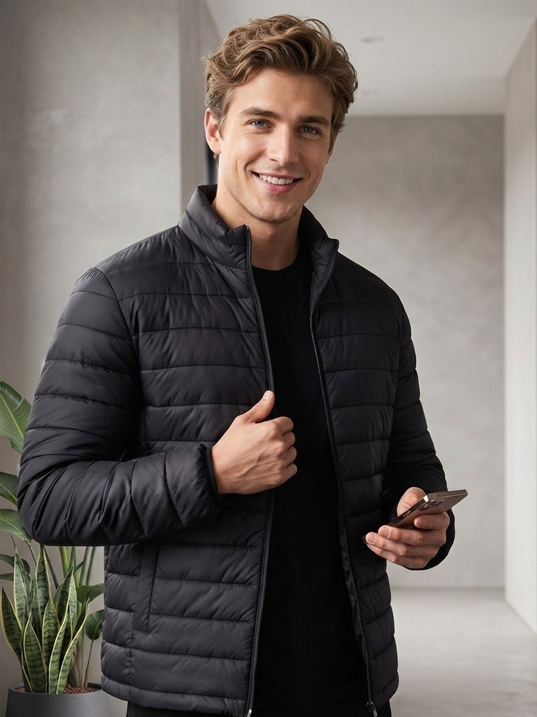 Men's black winter bomber jacket with padded design, red lining, and zip closure.