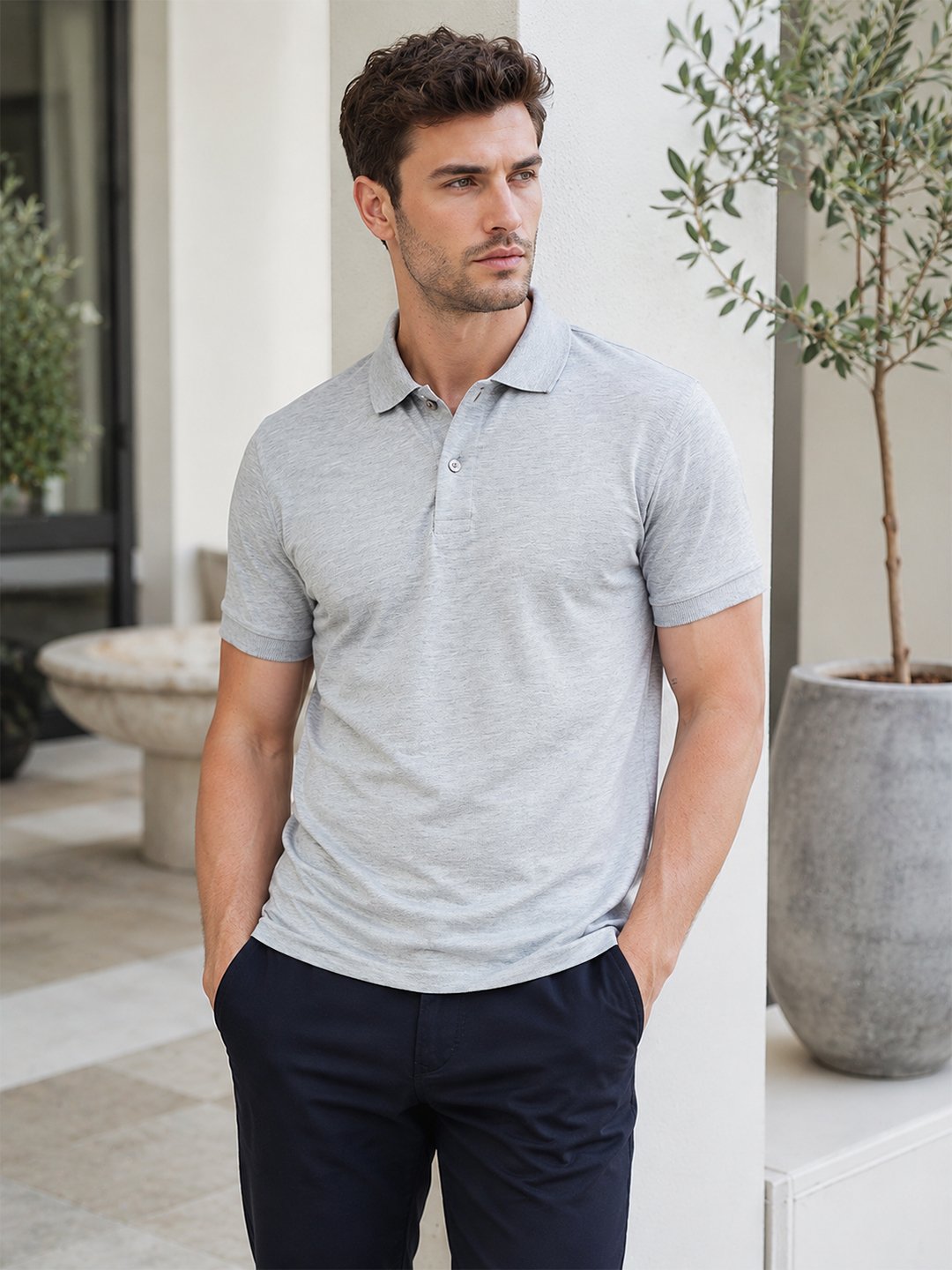 Melange grey.jpg DFNK men's polo T-shirt with classic collar and regular fit for stylish casual wear