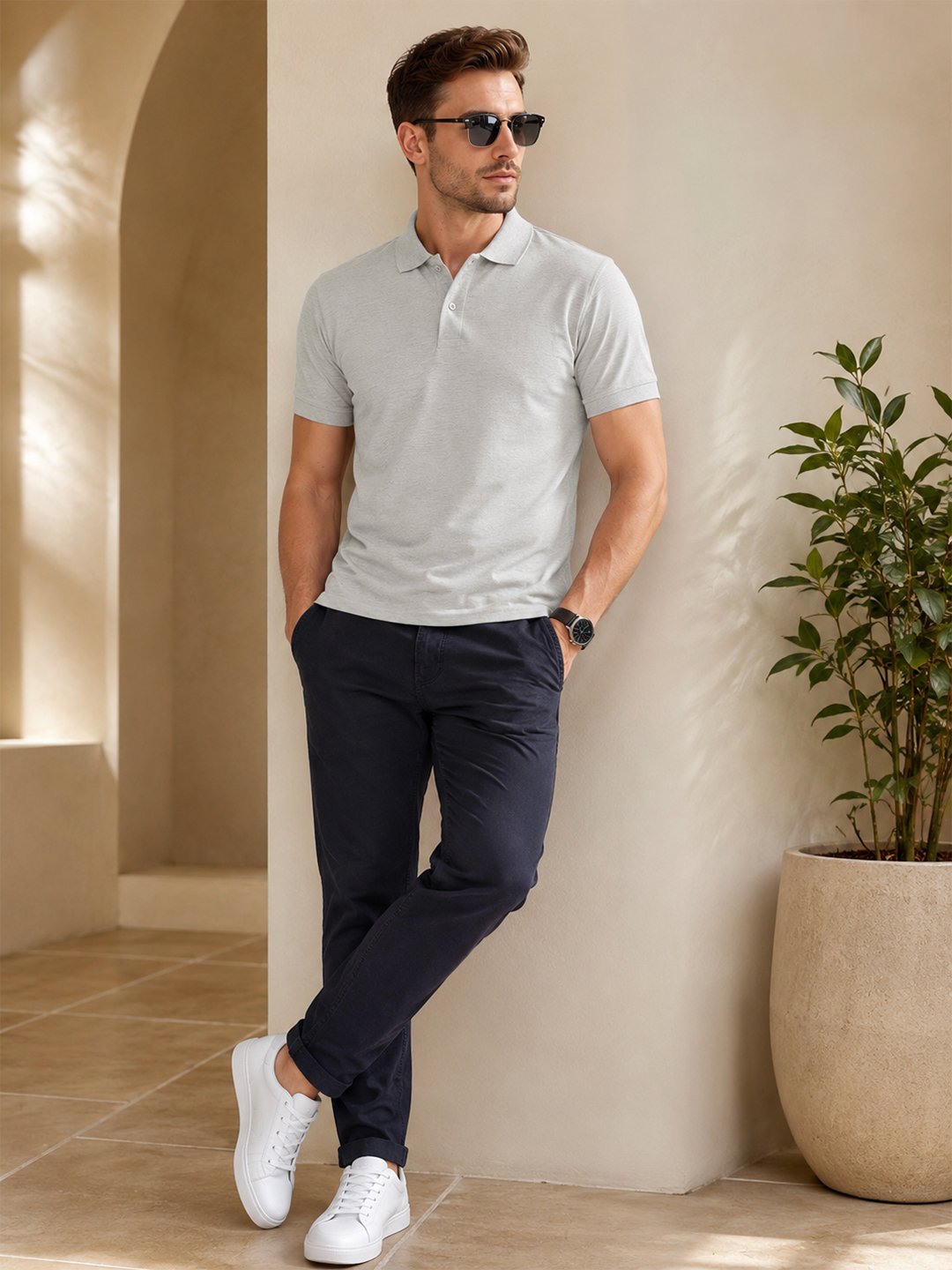White Melange.jpg DFNK men's polo T-shirt with classic collar and regular fit for stylish casual wear
