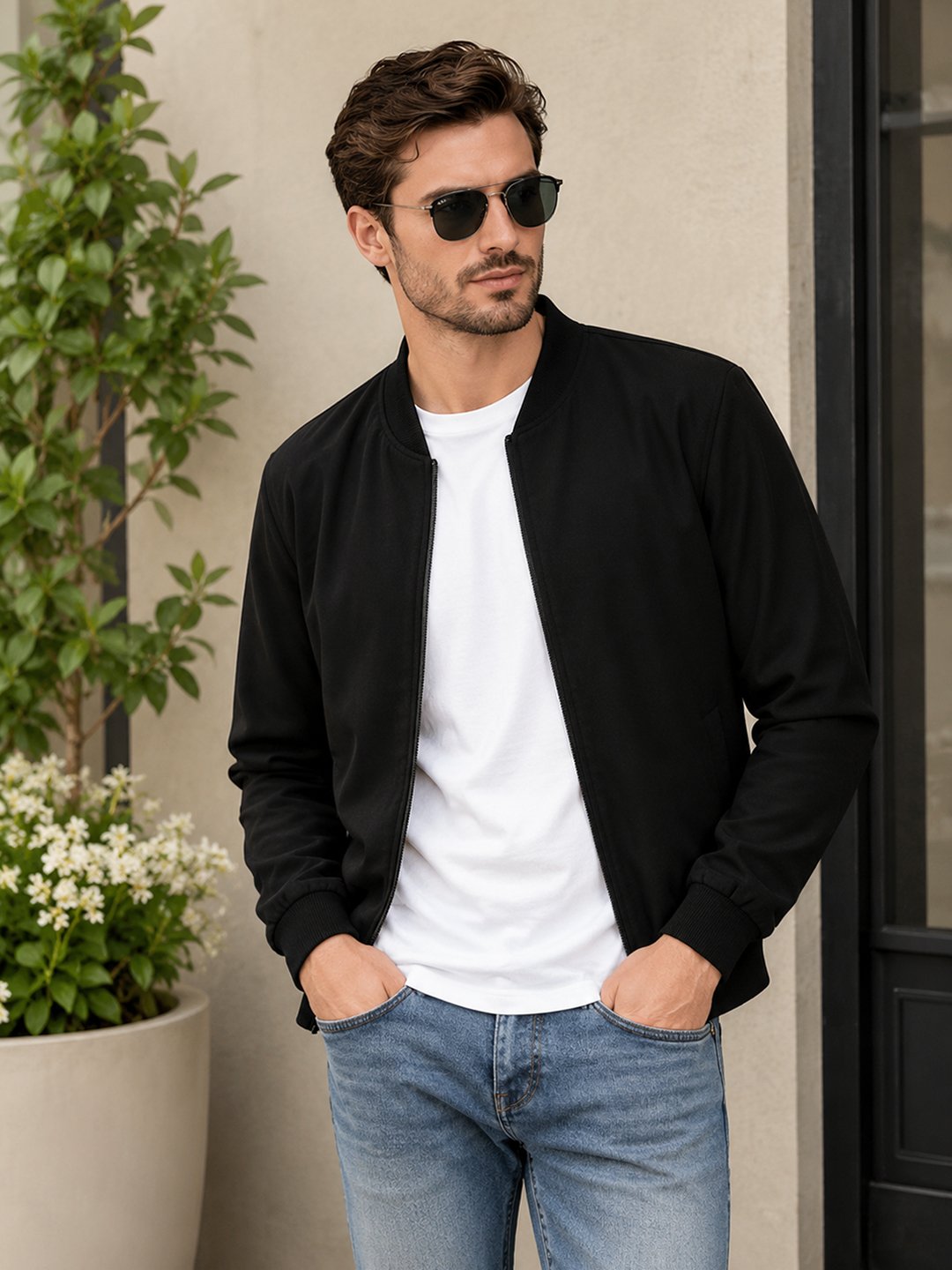 Carlton London Velora Shadow-Carbon Men's lightweight casual jacket with full zip closure, stand collar, ribbed cuffs, and practical side pockets.