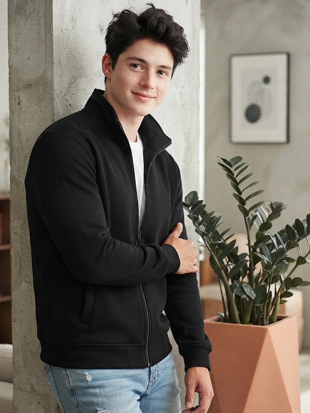 Modern men's jacket featuring a full front zip, stand collar, ribbed cuffs, side pockets, and relaxed casual styling.