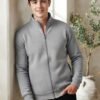Modern men's jacket featuring a full front zip, stand collar, ribbed cuffs, side pockets, and relaxed casual styling.