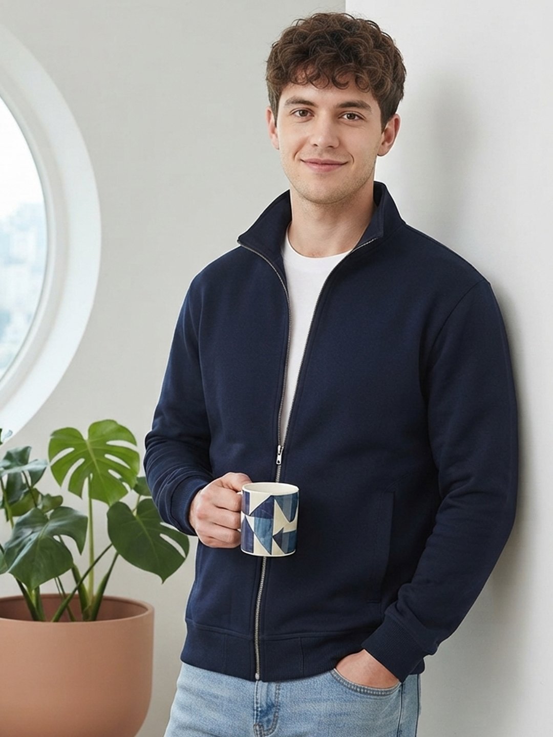 Modern men's jacket featuring a full front zip, stand collar, ribbed cuffs, side pockets, and relaxed casual styling.