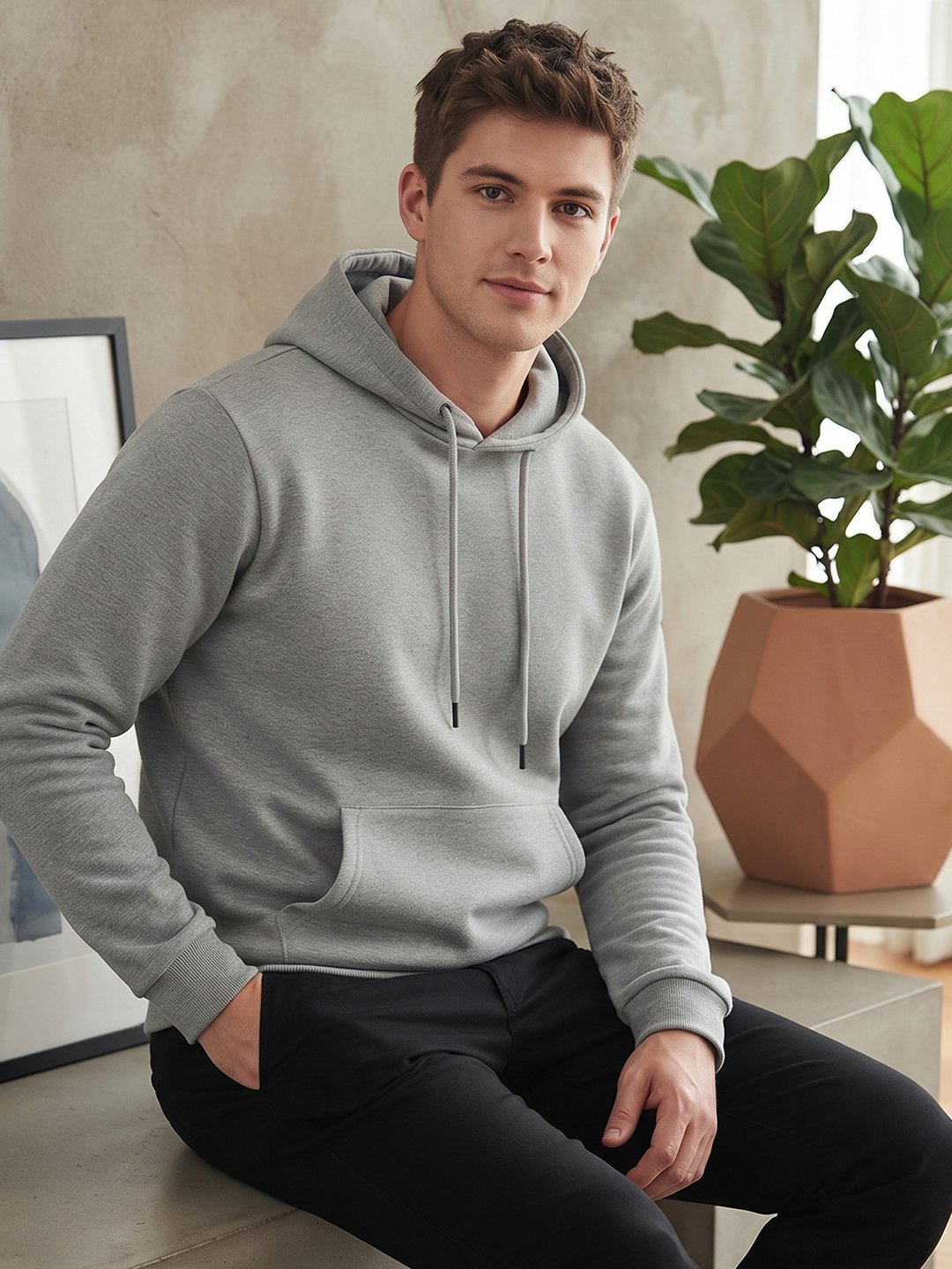Comfortable men’s hoodie with long sleeves, drawstring hood, spacious front pocket, and relaxed everyday fit.