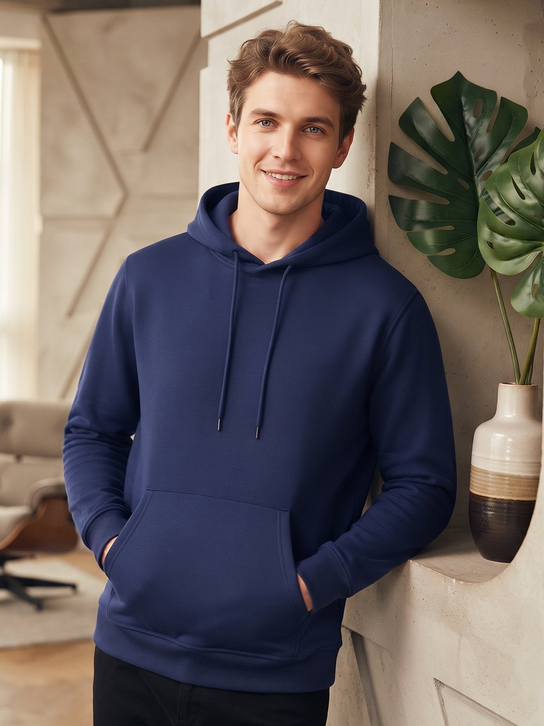 Comfortable men’s hoodie with long sleeves, drawstring hood, spacious front pocket, and relaxed everyday fit.