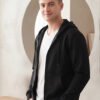 Men’s grey hooded zipper sweatshirt with front pockets, adjustable drawstrings, and a comfortable casual fit for everyday styling.