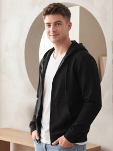 Men’s grey hooded zipper sweatshirt with front pockets, adjustable drawstrings, and a comfortable casual fit for everyday styling.