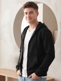 Men’s grey hooded zipper sweatshirt with front pockets, adjustable drawstrings, and a comfortable casual fit for everyday styling.