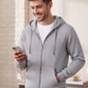 Men’s grey hooded zipper sweatshirt with front pockets, adjustable drawstrings, and a comfortable casual fit for everyday styling.