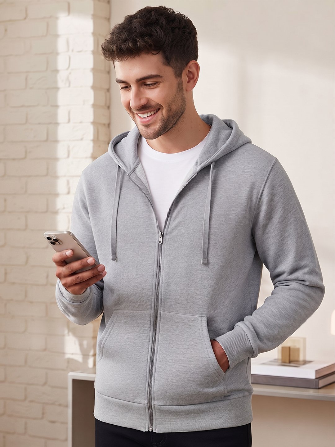 Men’s grey hooded zipper sweatshirt with front pockets, adjustable drawstrings, and a comfortable casual fit for everyday styling.