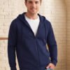 Men’s grey hooded zipper sweatshirt with front pockets, adjustable drawstrings, and a comfortable casual fit for everyday styling.