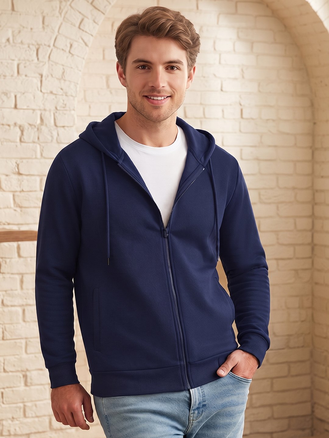 Men’s grey hooded zipper sweatshirt with front pockets, adjustable drawstrings, and a comfortable casual fit for everyday styling.