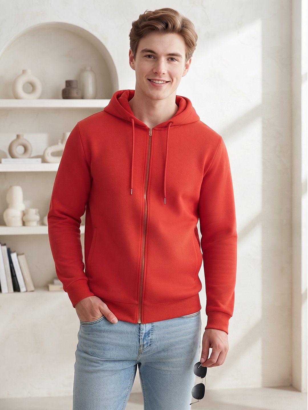 Men’s grey hooded zipper sweatshirt with front pockets, adjustable drawstrings, and a comfortable casual fit for everyday styling.