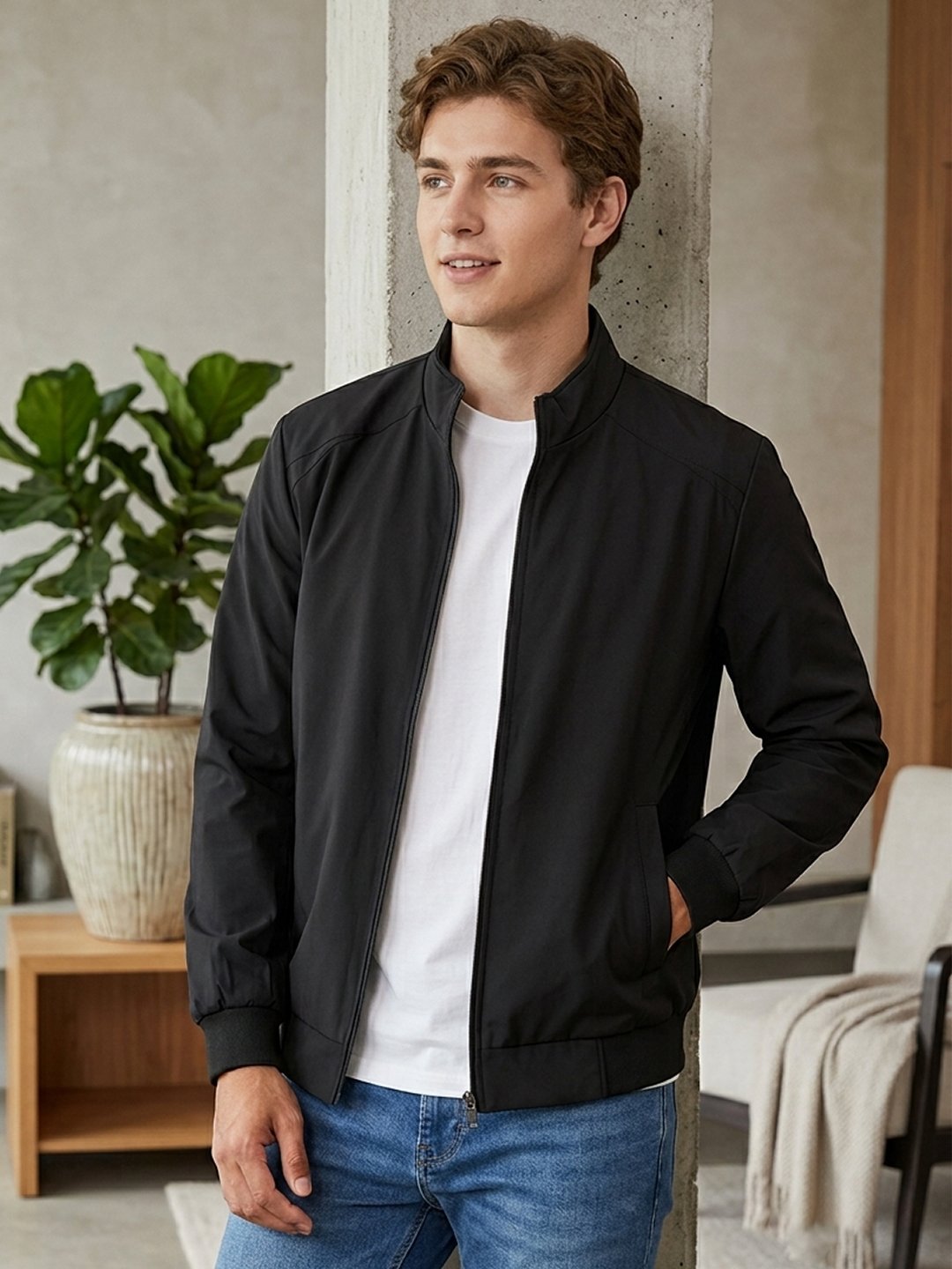 Men’s zip-up winter jacket featuring a structured collar, elastic cuffs, side pockets, and clean contemporary styling for daily wear.