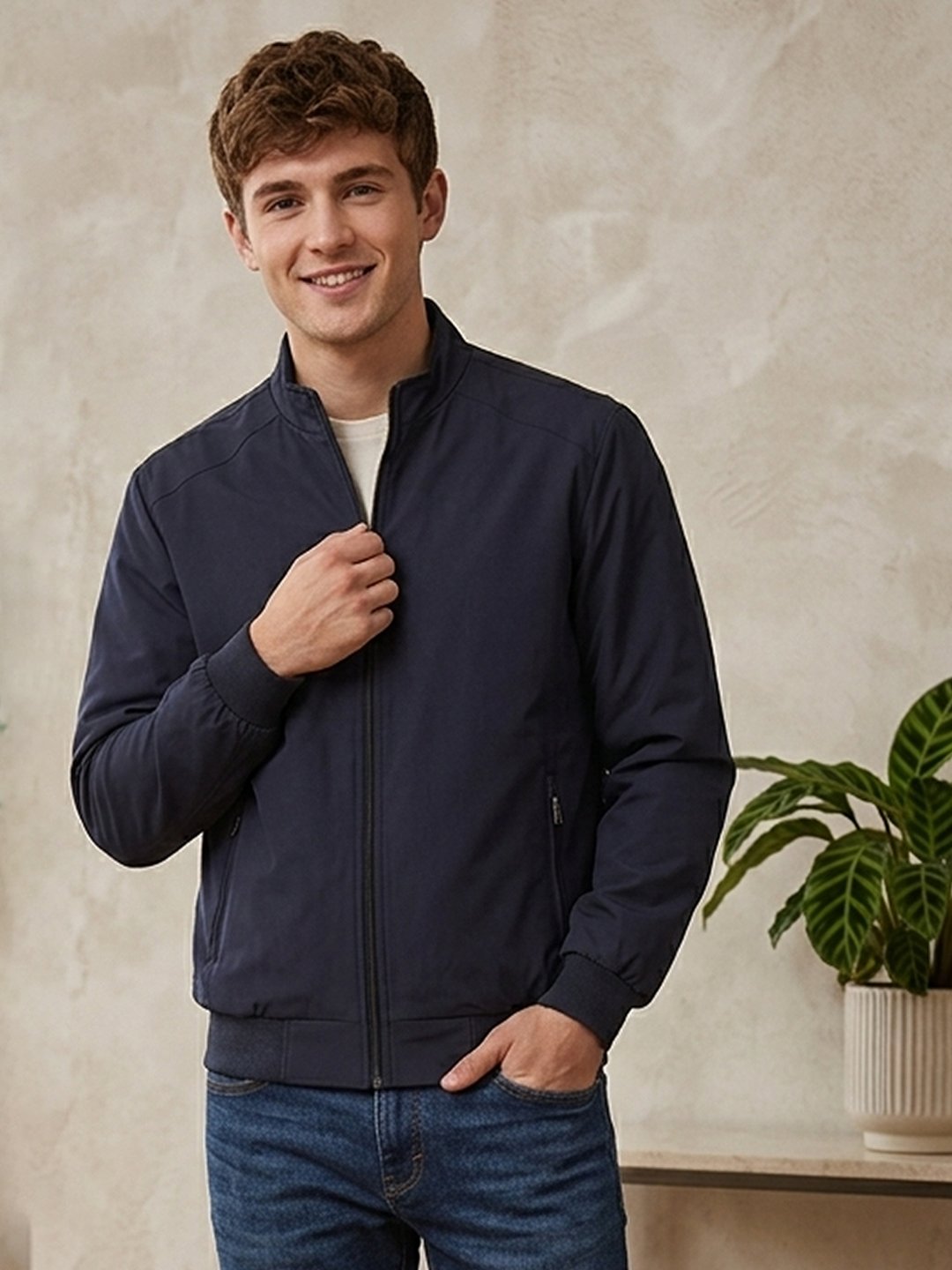 Men’s zip-up winter jacket featuring a structured collar, elastic cuffs, side pockets, and clean contemporary styling for daily wear.