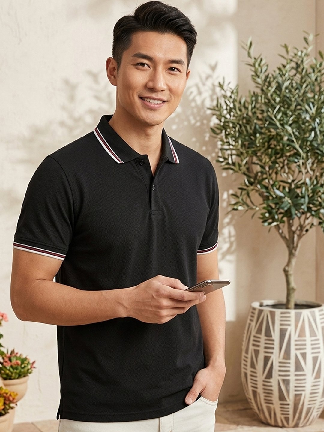 Premium men's polo T-shirt featuring classic collar design with refined contrast tipping for everyday elegance.