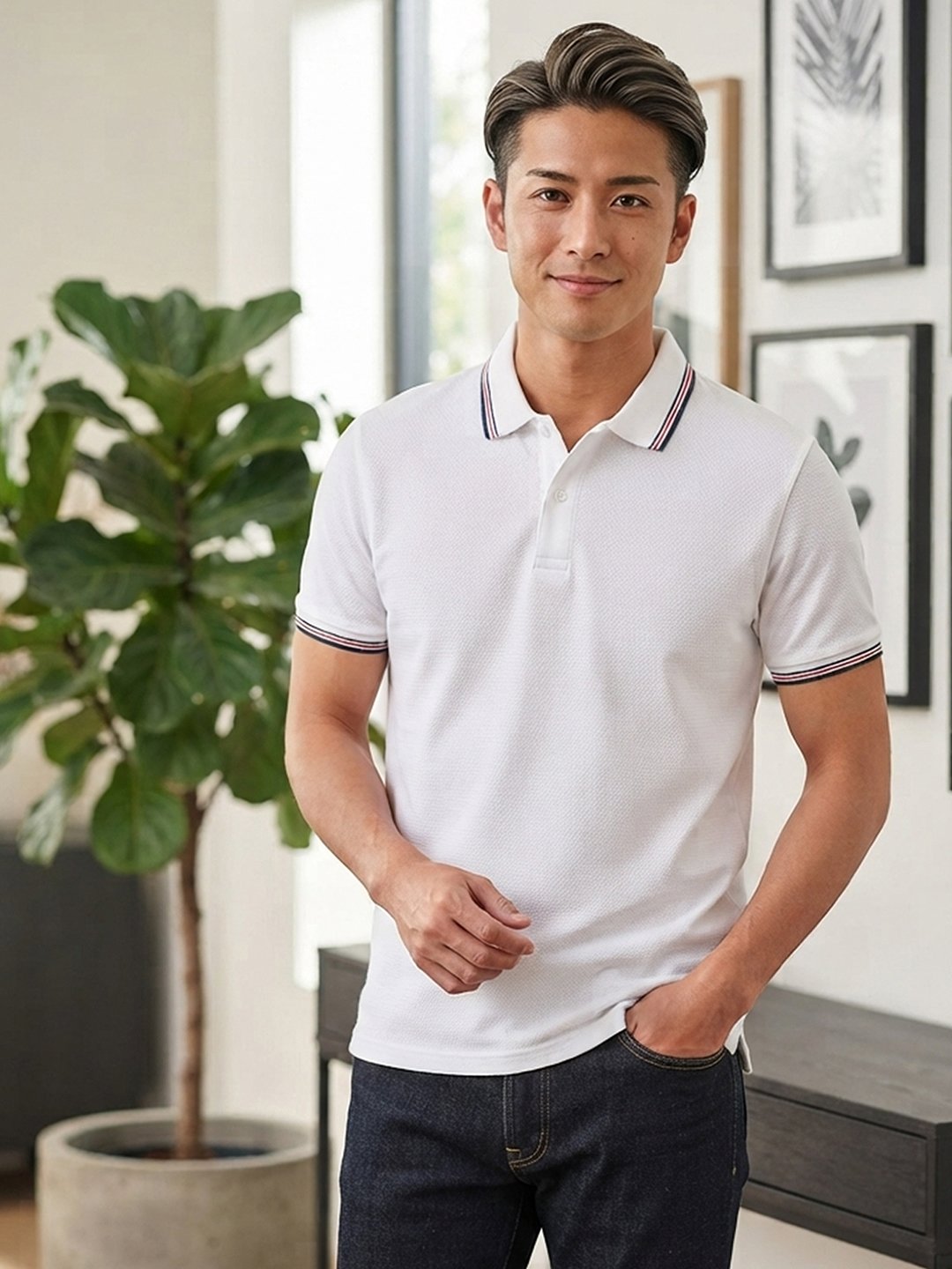 Premium men's polo T-shirt featuring classic collar design with refined contrast tipping for everyday elegance.