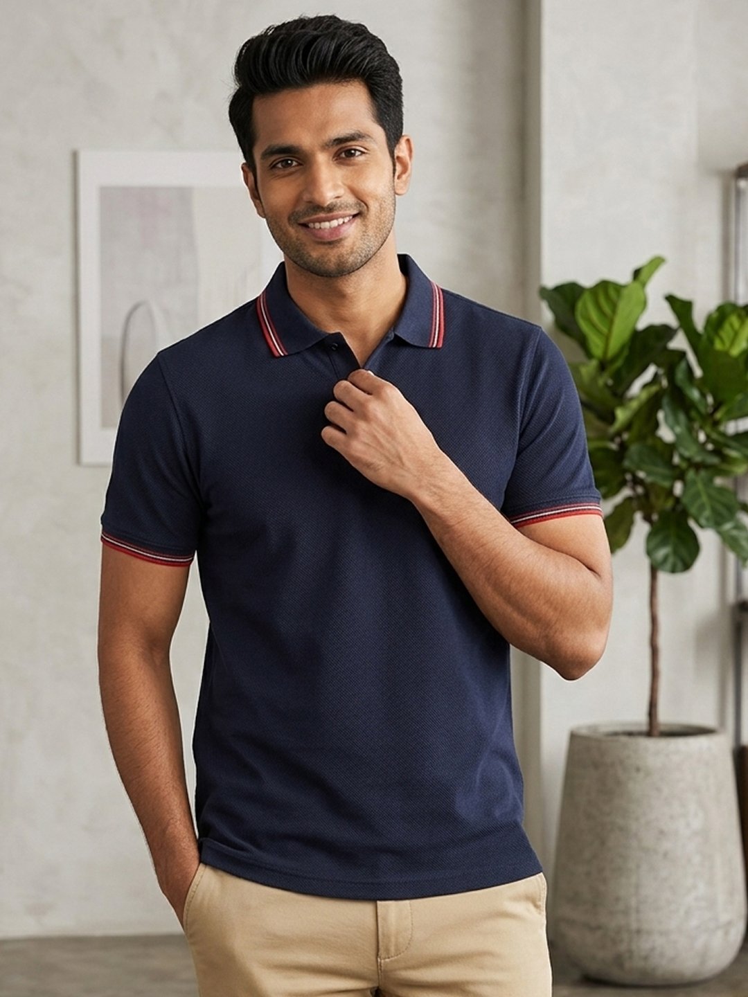 Premium men's polo T-shirt featuring classic collar design with refined contrast tipping for everyday elegance.