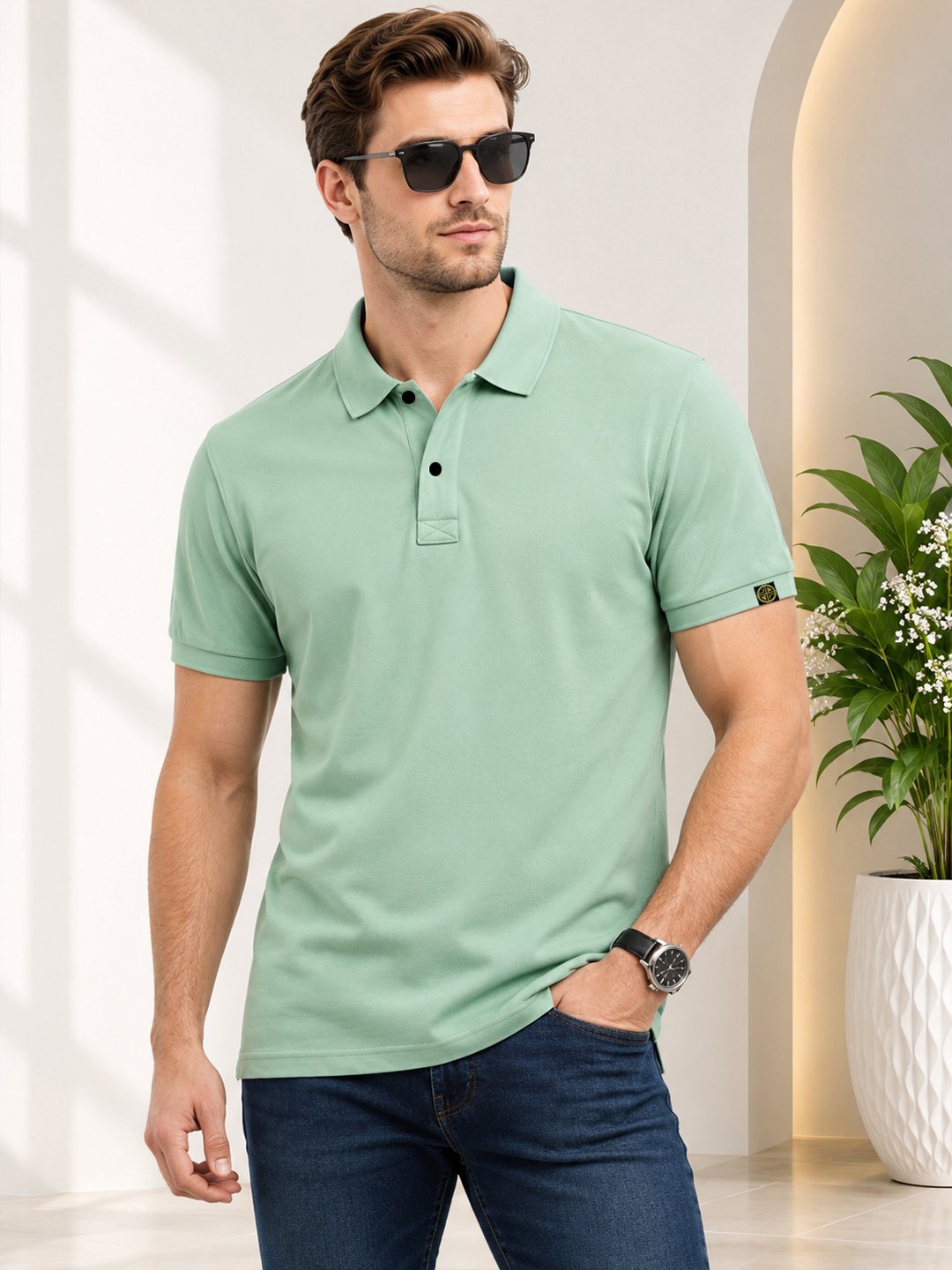 Carlton London Horizan Seafoam Whisper Men's polo T-shirt offering breathable comfort, durable stitching, and a polished everyday casual appearance.
