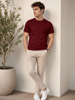 DFNK men's maroon round neck t-shirt featuring a minimalist design and comfortable regular fit