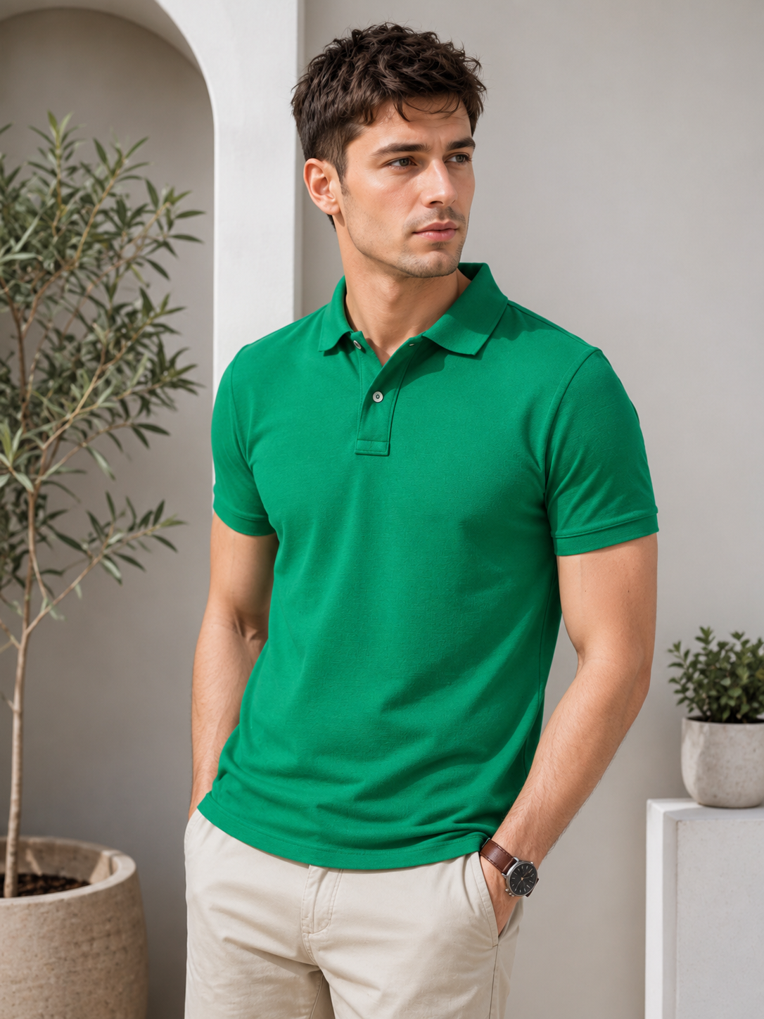 DFNK men's green polo t-shirt made from premium breathable cotton for smart casual style