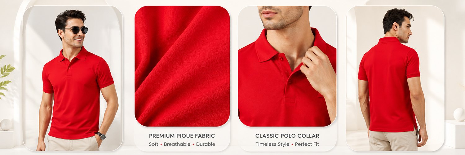 DFNK men's red polo T-shirt featuring front view, back view, premium piqué fabric and classic polo collar