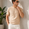 yk 2145 fawn DFNK men's beige round neck t-shirt styled with sunglasses for a premium casual summer look