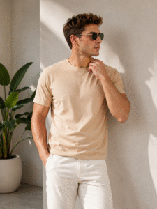 DFNK men's beige round neck t-shirt styled with sunglasses for a premium casual summer look