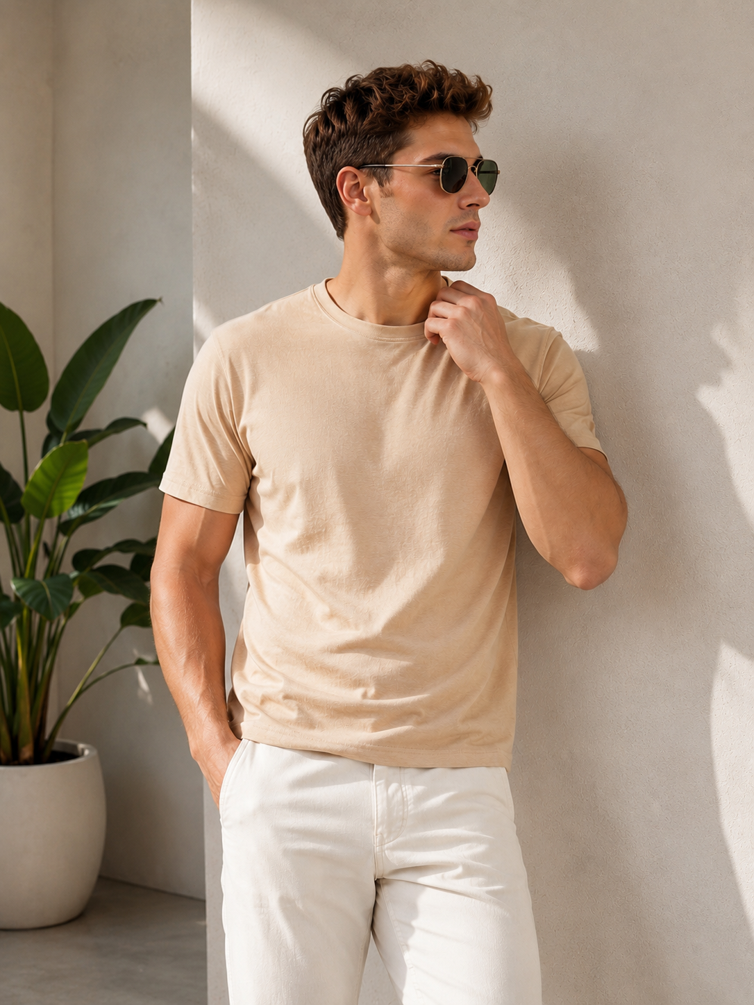 yk 2145 fawn DFNK men's beige round neck t-shirt styled with sunglasses for a premium casual summer look