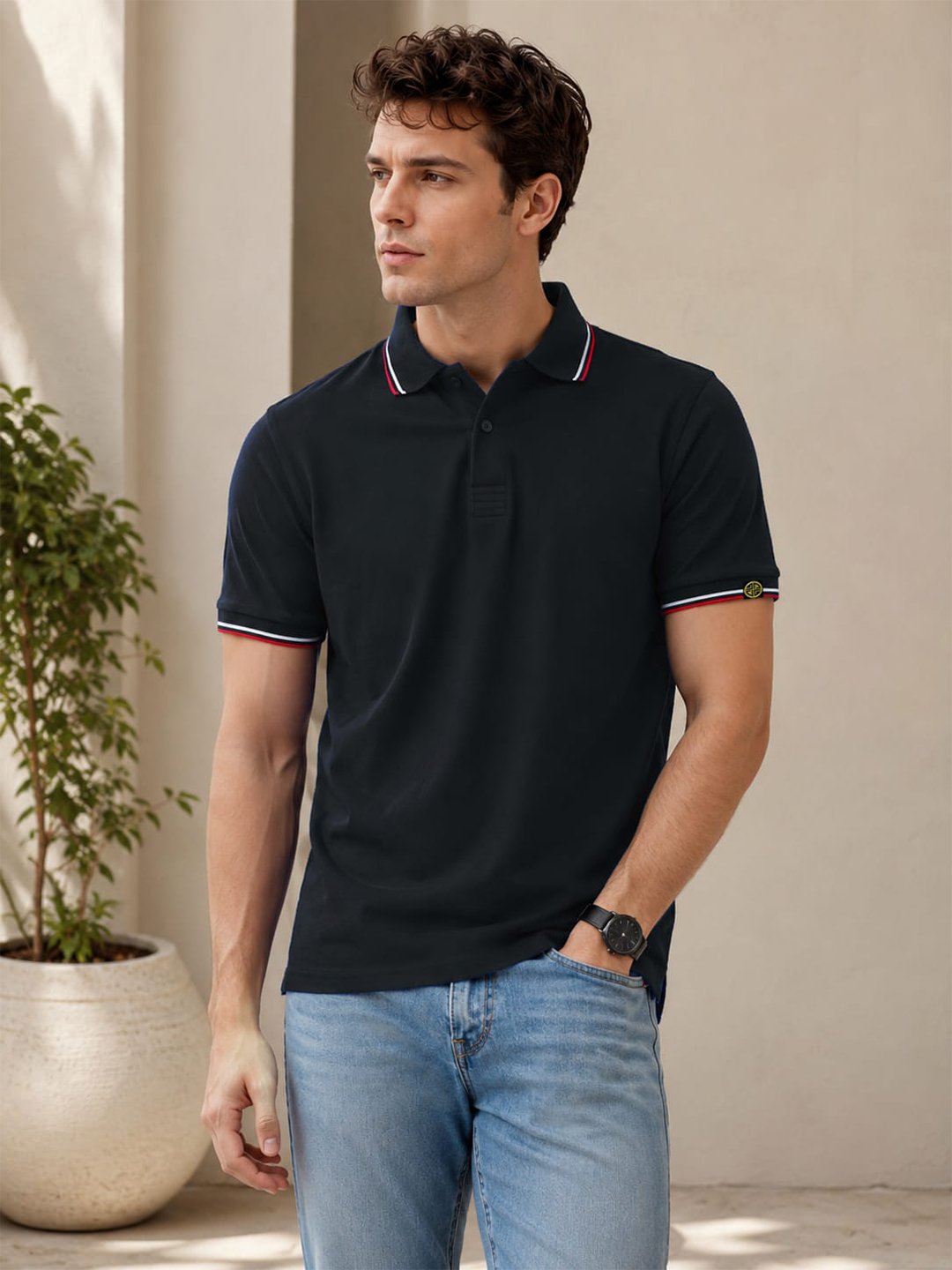 Premium men's polo T-shirt featuring contrast tipping with a comfortable regular fit for everyday wear.