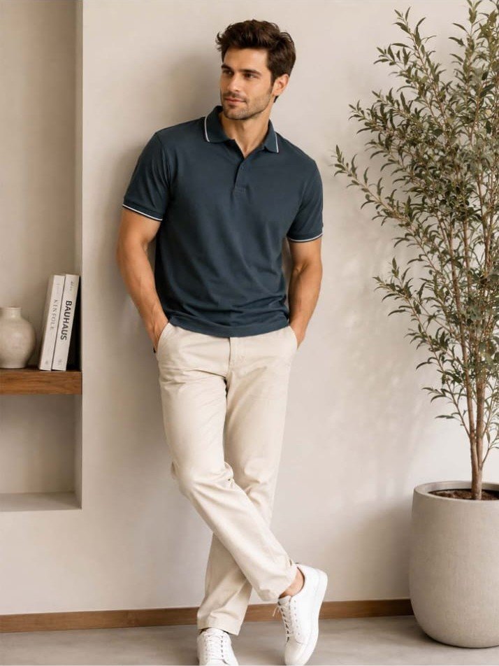 Premium men's polo T-shirt featuring contrast tipping with a comfortable regular fit for everyday wear.
