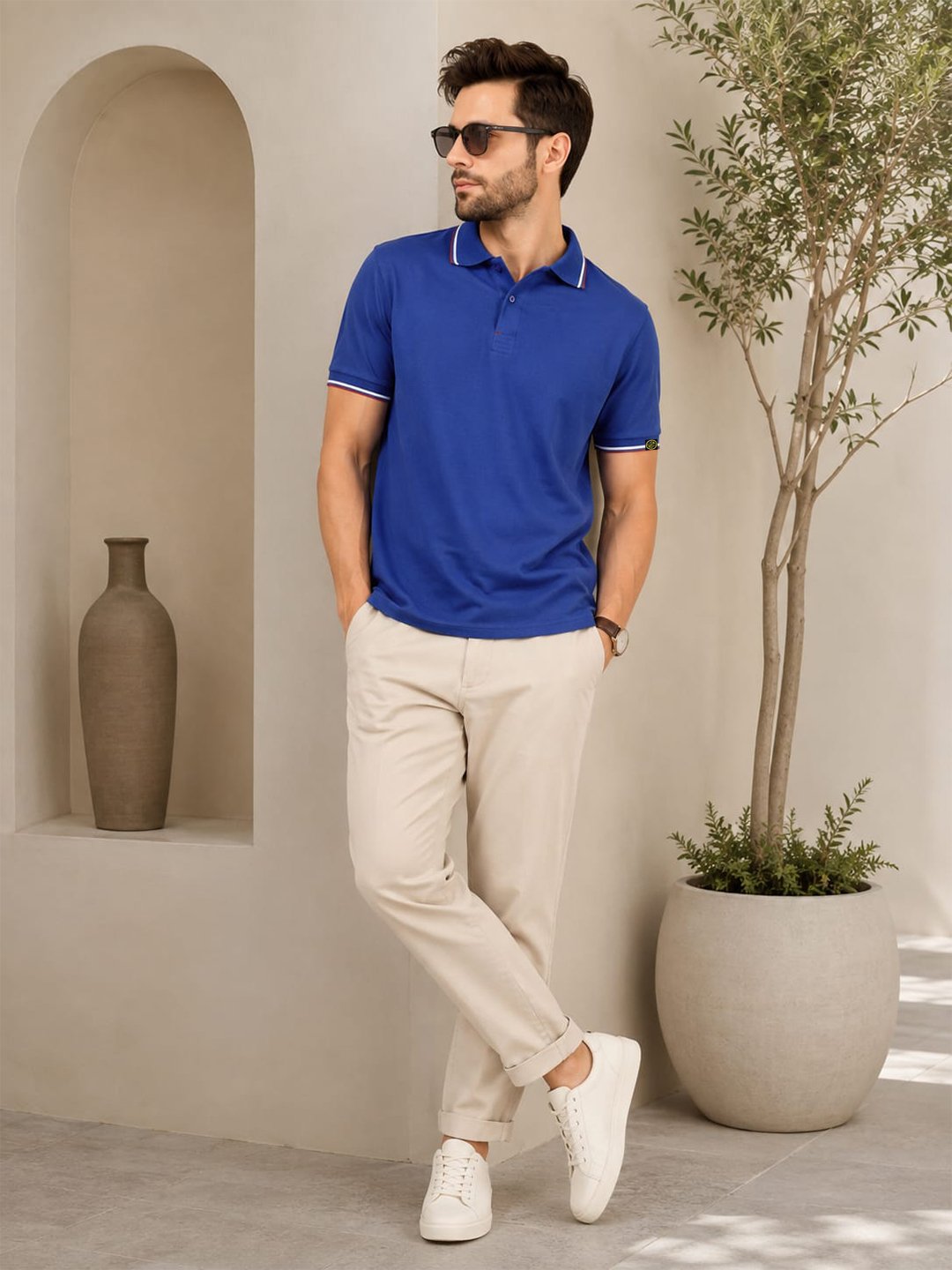 Premium men's polo T-shirt featuring contrast tipping with a comfortable regular fit for everyday wear.