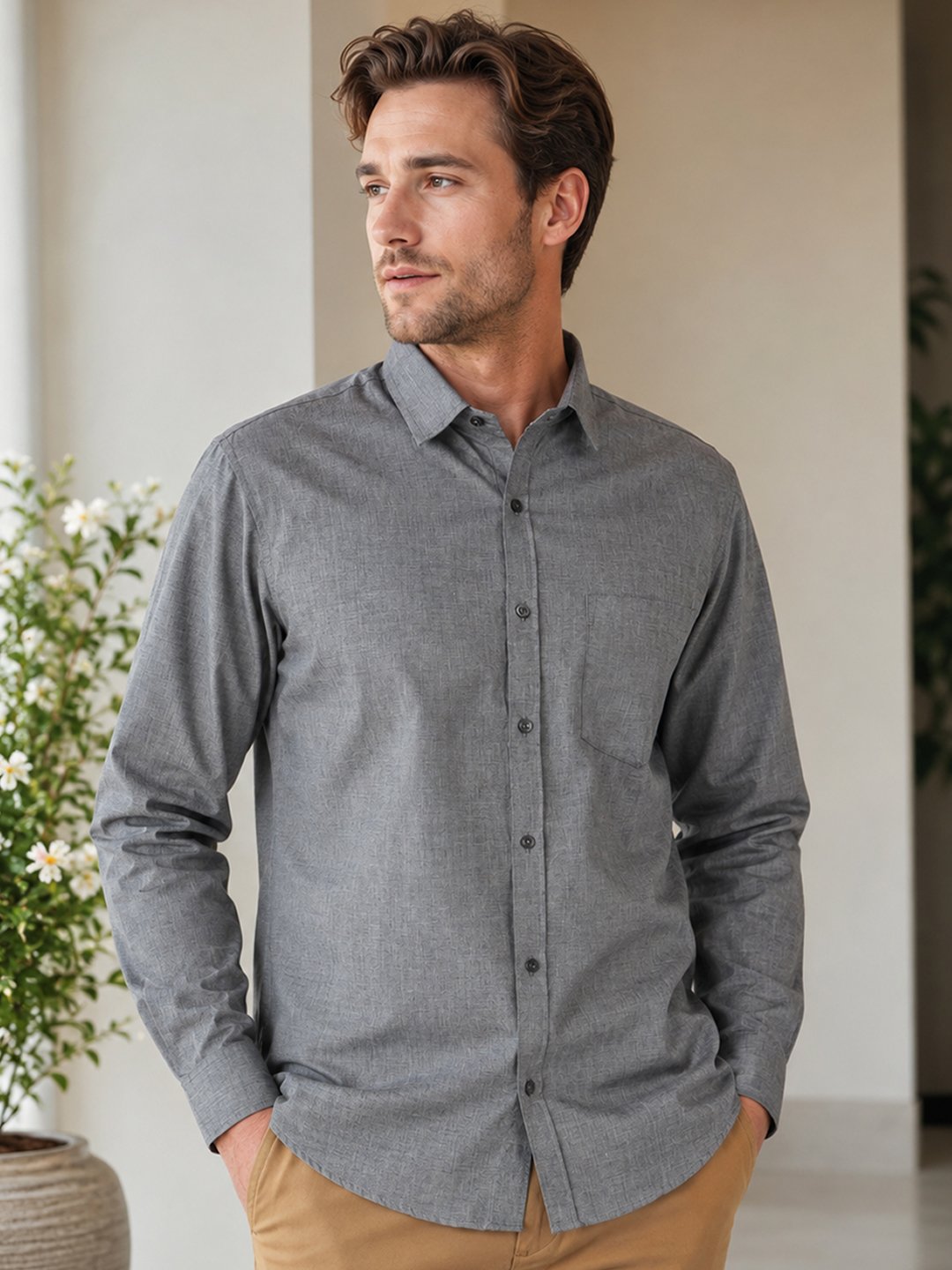 Smart casual shirt with button front, long sleeves and classic collar, ideal for everyday styling, outings and office wear.