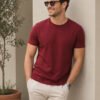 Dfnk Falcons Mahroon Men's round neck casual t-shirt with short sleeves and relaxed regular fit, suitable for daily wear and outings.