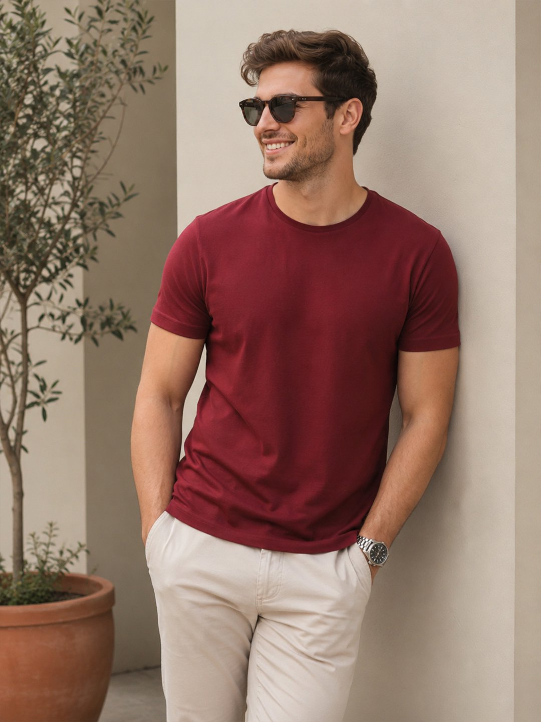 Dfnk Falcons Mahroon Men's round neck casual t-shirt with short sleeves and relaxed regular fit, suitable for daily wear and outings.