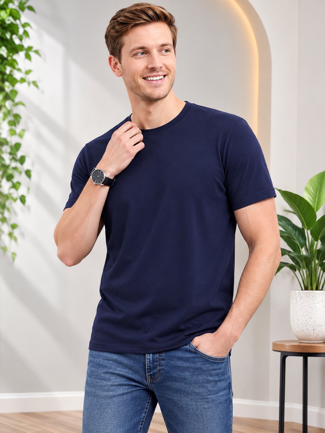Dfnk Falcons Navy-Blue Men's round neck casual t-shirt with short sleeves and relaxed regular fit, suitable for daily wear and outings.