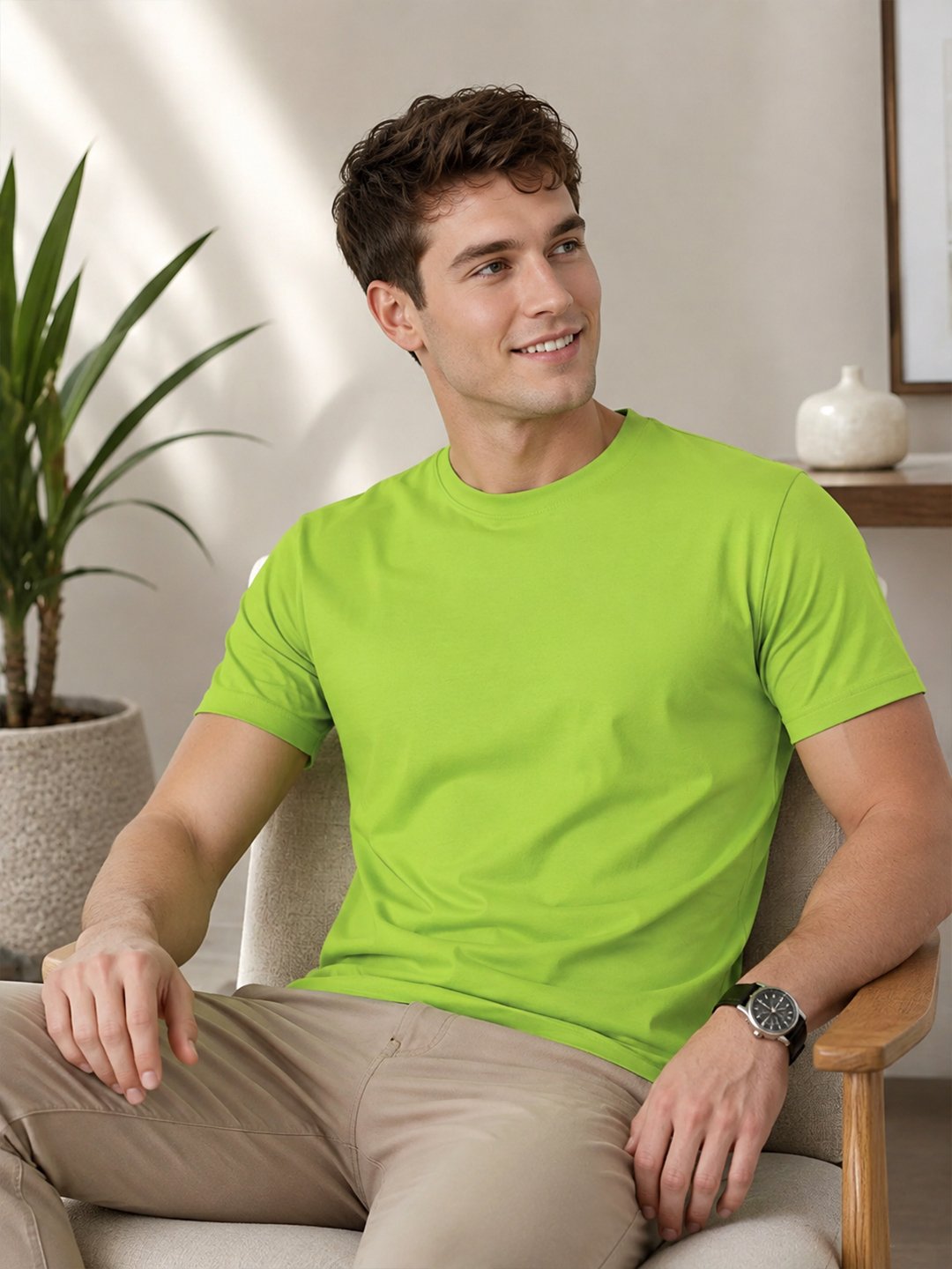 Dfnk Falcons Neon-Green Men's round neck casual t-shirt with short sleeves and relaxed regular fit, suitable for daily wear and outings.
