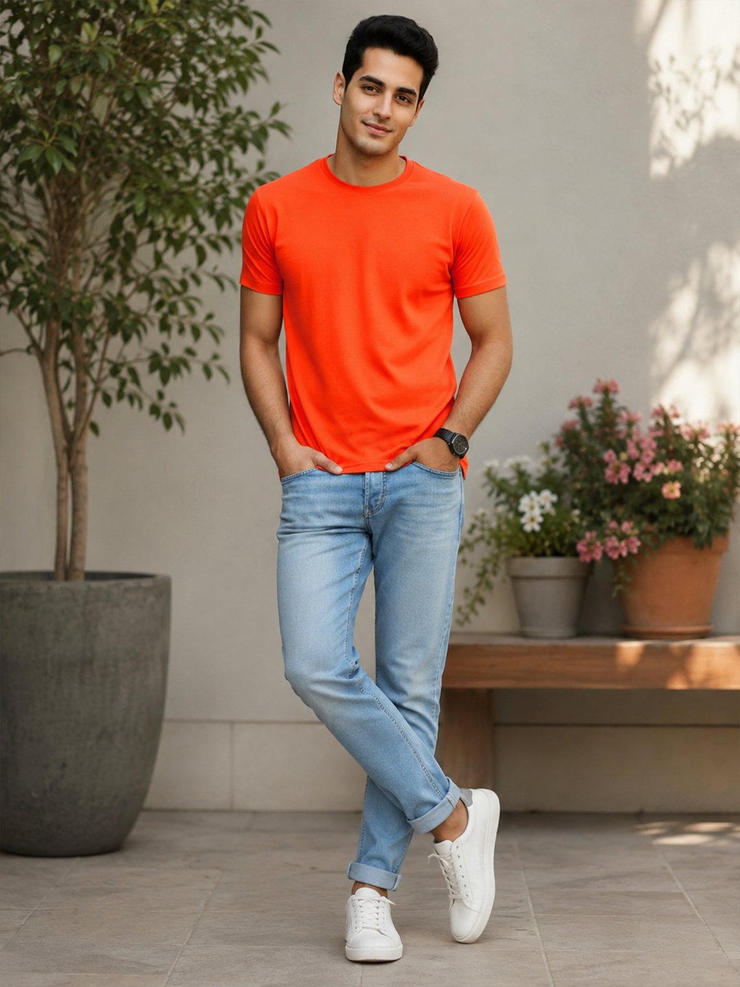 Dfnk Falcons Neon-Orange Men's round neck casual t-shirt with short sleeves and relaxed regular fit, suitable for daily wear and outings.