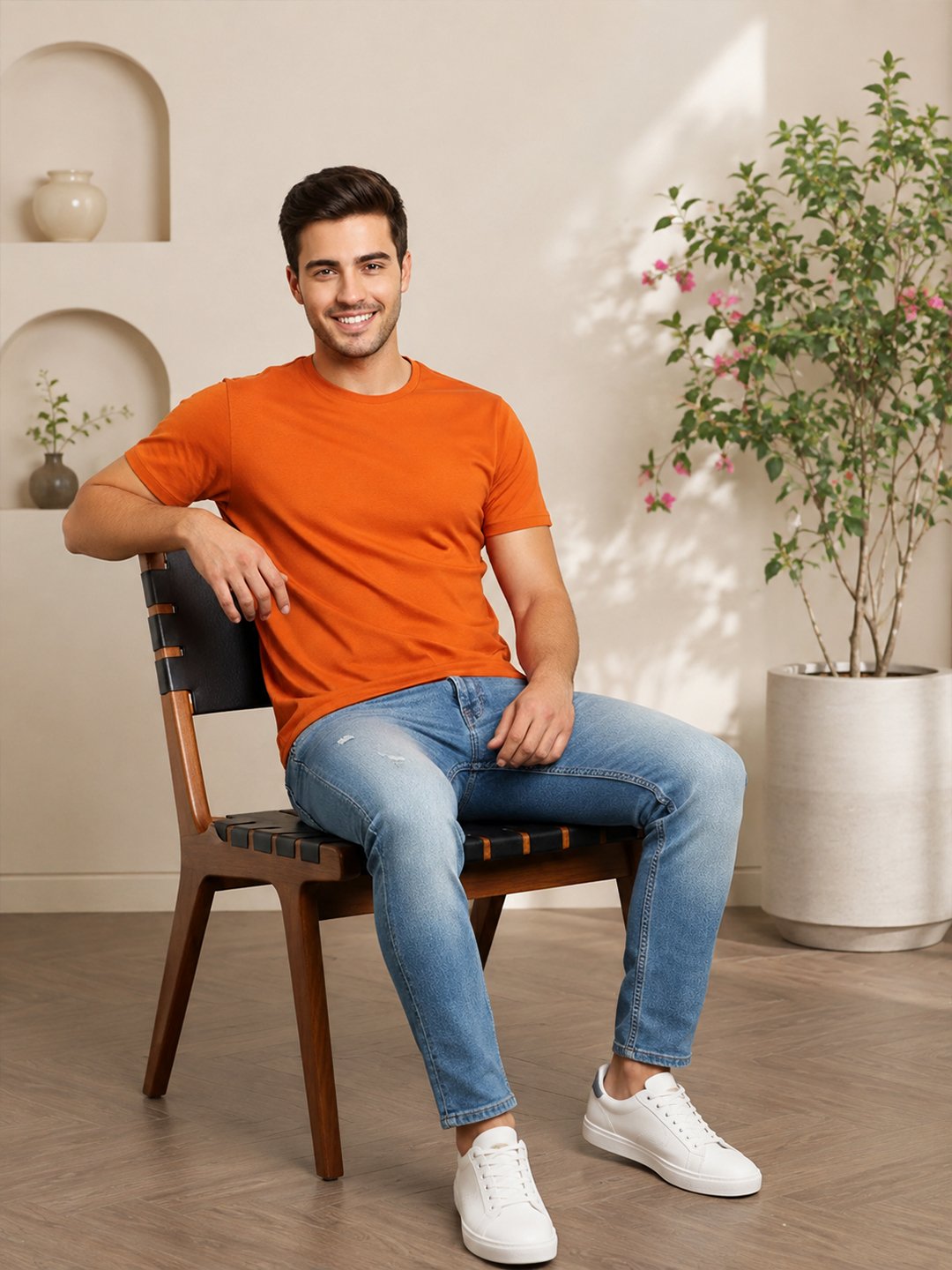 Dfnk Falcons Orange Men's round neck casual t-shirt with short sleeves and relaxed regular fit, suitable for daily wear and outings.