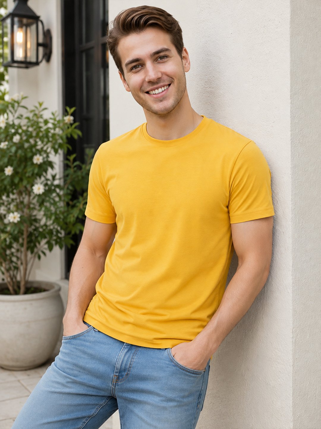 Dfnk Falcons Yellow Men's round neck casual t-shirt with short sleeves and relaxed regular fit, suitable for daily wear and outings.