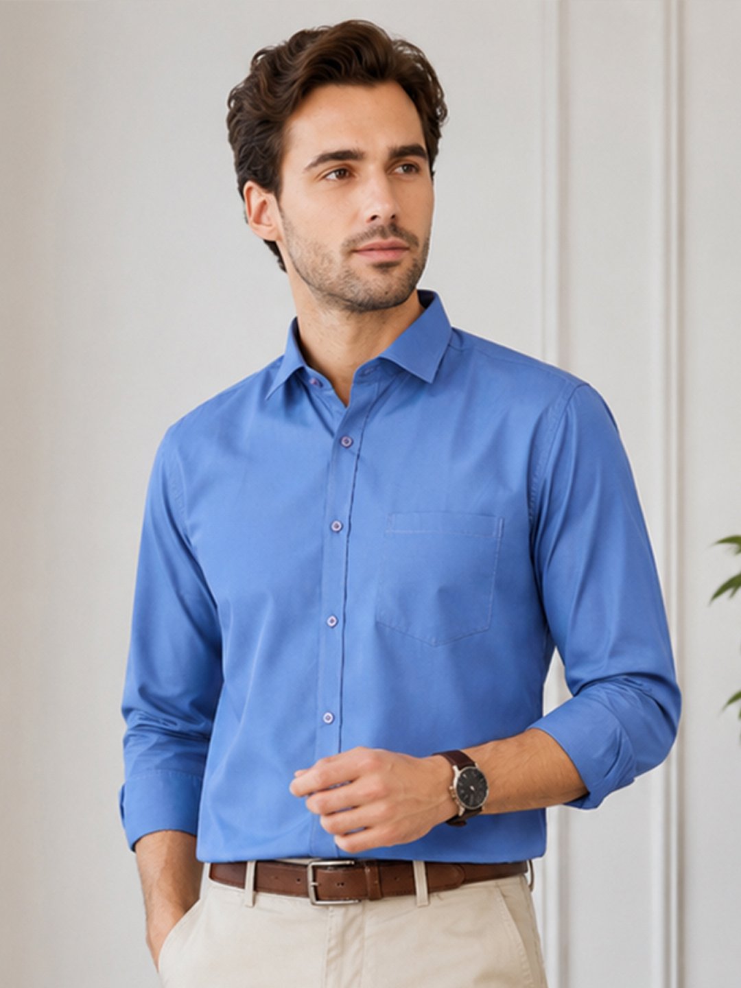 Dfnk George Egyptian Blue Smart everyday shirt with long sleeves and classic collar, featuring a practical chest pocket for versatile styling.