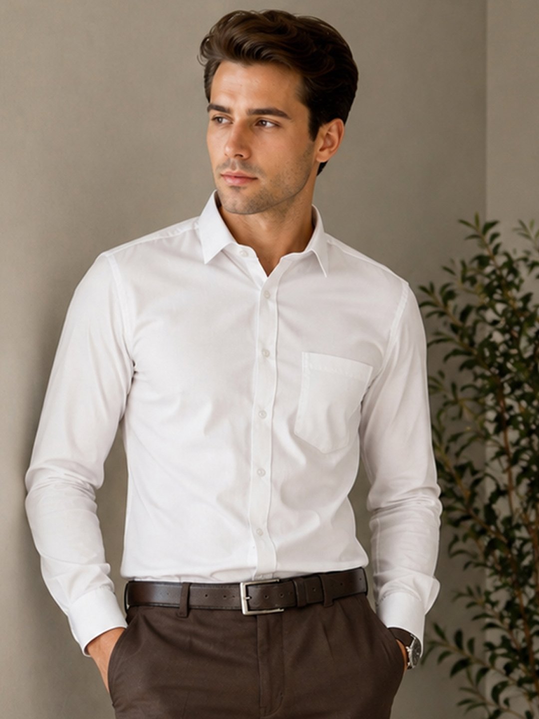 Dfnk George Porcelain White Smart everyday shirt with long sleeves and classic collar, featuring a practical chest pocket for versatile styling.