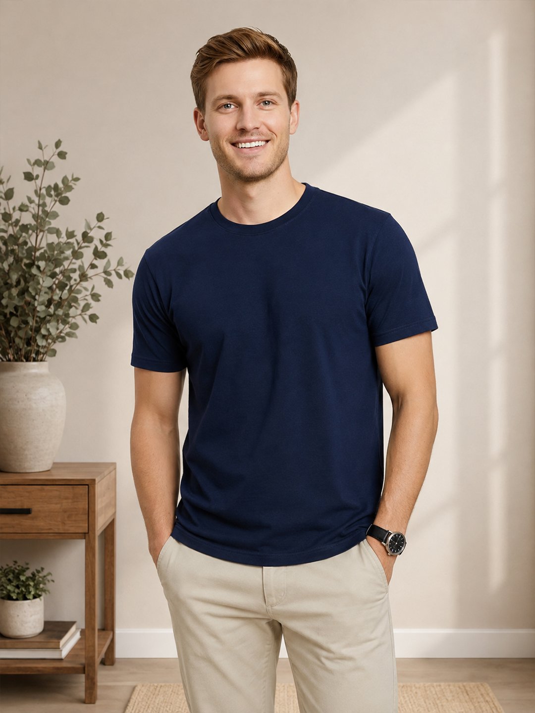 Men's round neck casual t-shirt with short sleeves, regular fit and clean design, perfect for everyday wardrobe styling.