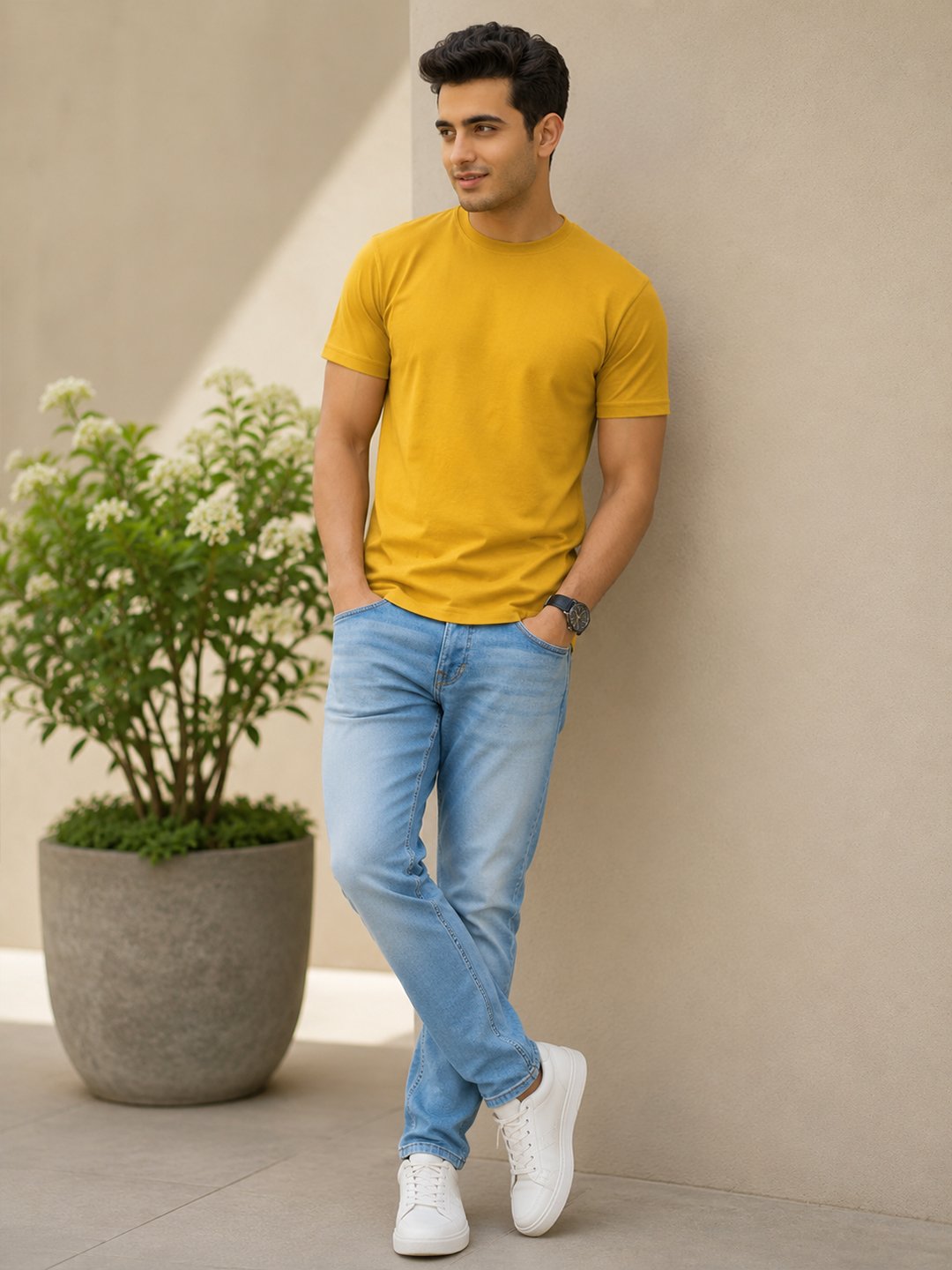 Casual men's t-shirt featuring a clean neckline, half sleeves and comfortable silhouette for relaxed everyday dressing and outings.