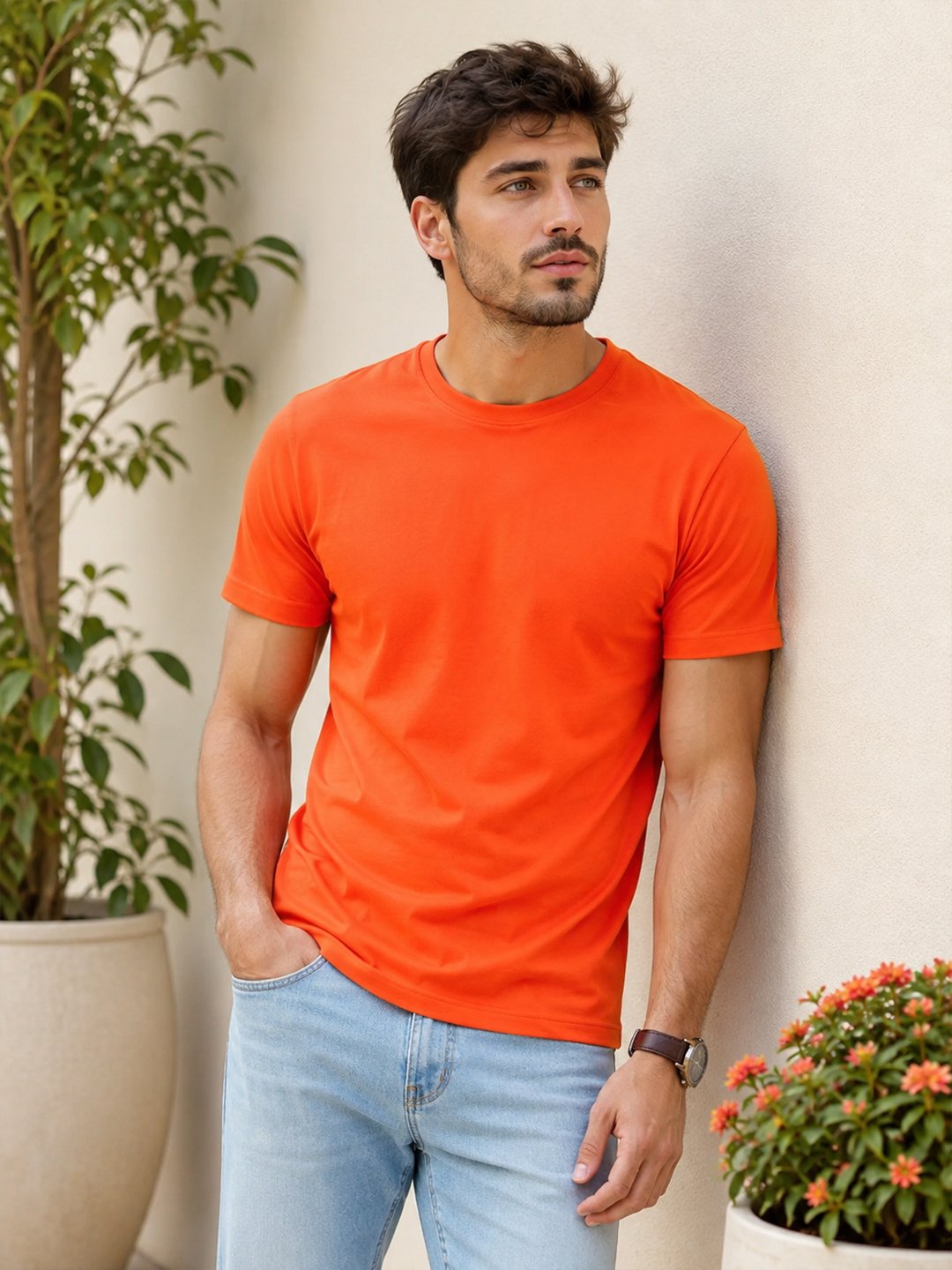 Casual men's t-shirt featuring a clean neckline, half sleeves and comfortable silhouette for relaxed everyday dressing and outings.