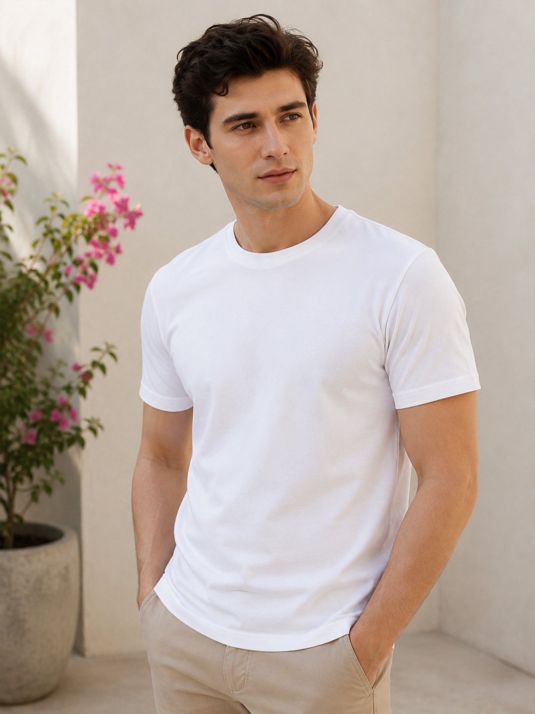 Casual men's t-shirt featuring a clean neckline, half sleeves and comfortable silhouette for relaxed everyday dressing and outings.