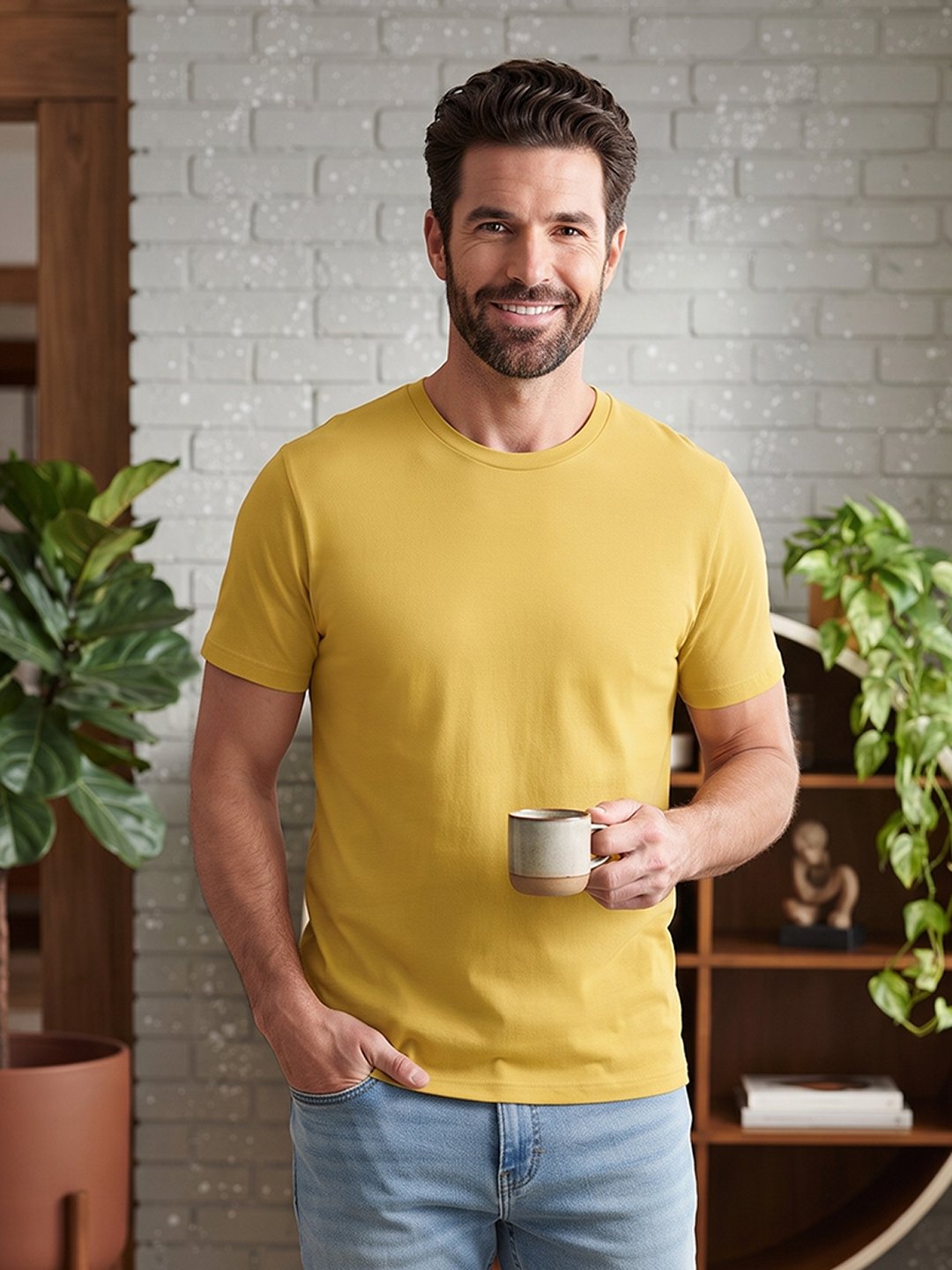 Dfnk Sports Yellow Regular fit casual t-shirt with half sleeves and timeless neckline, suitable for relaxed outfits and everyday fashion.