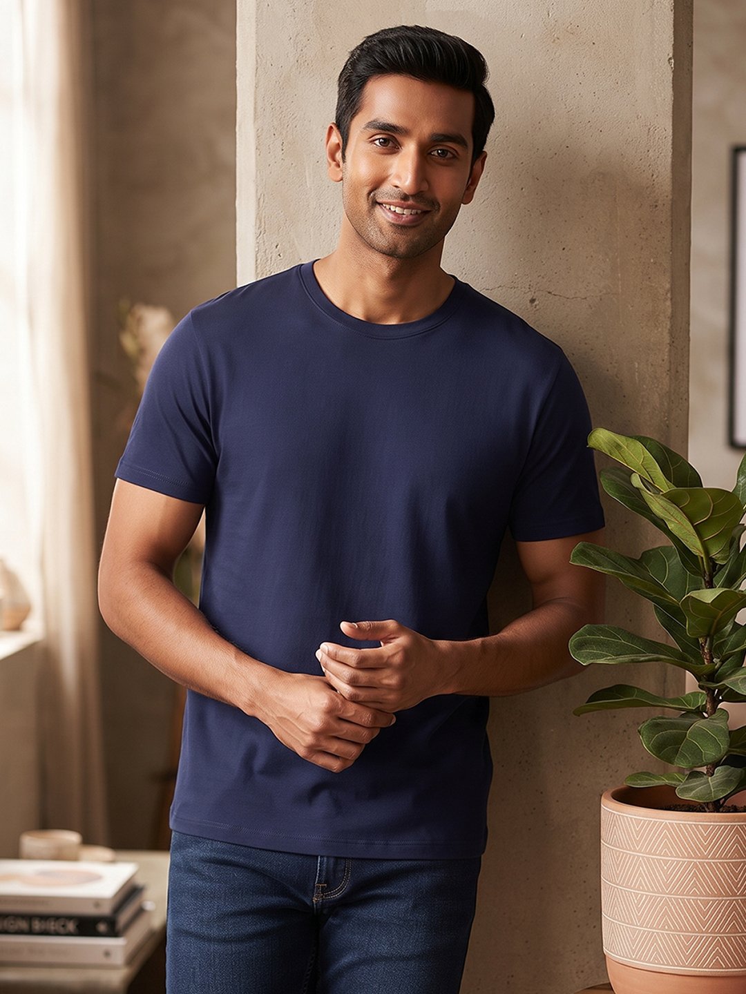 Dfnk Sports Navy-Blue Regular fit casual t-shirt with half sleeves and timeless neckline, suitable for relaxed outfits and everyday fashion.