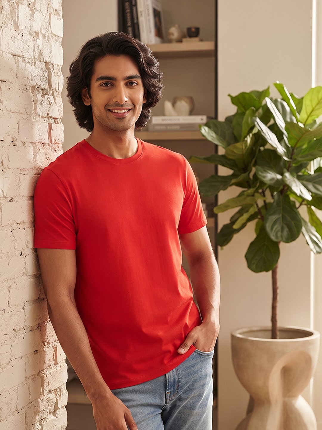 Dfnk Sports Red Regular fit casual t-shirt with half sleeves and timeless neckline, suitable for relaxed outfits and everyday fashion.