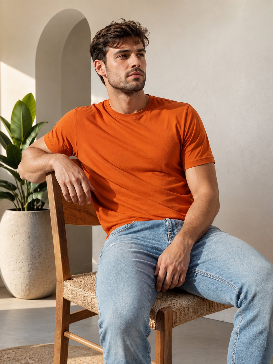 Modern casual tee featuring a comfortable fit, short sleeves and round neckline for effortless everyday outfit styling.